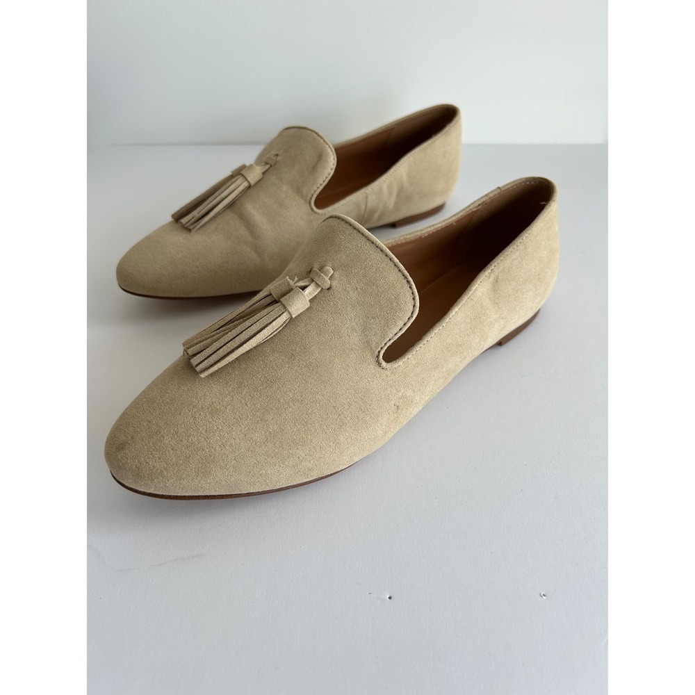 J.Crew Womens Tan Suede Tassel Loafers Smoking Slippers Beige Size 9 Flat Shoes - Picture 1 of 6
